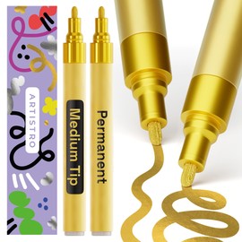 ARTISTRO 2 Gold Permanent Marker - Waterproof Markers for Tire, Fabric, Rocks, Glass, Ceramic, Wood, Paper - Oil Based Paint Pens - Medium Tip 3mm