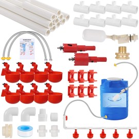 Pipeline Automatic Chicken Waterer System, Automatic Chicken Watering Complete PVC Pipelines Set with 8 Deep Drinking Cups, T Connectors, Float Valve, Auto Pipe Feeder Poultry Watering Kit