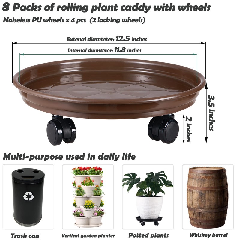 5 Packs Large Plant Caddy with PU Wheels 12" Rolling