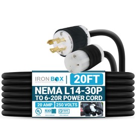IronBox Electric NEMA L14-30P to 6-20R Power Cord Plug Adapter - 20A, 250V, 12/3 SJT - UL Listed Extension Cable - Heavy Duty Plug and Connector for Generator, Camper, Data Center & More (20ft, Build)