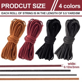 Pndeyo 4pcs Suede Leather Cord, 3mm x 5.5 Yard Faux Leather String Strips, Flat Leather Crafting Rope Thread for DIY Shoes Laces Bracelets Necklaces Earrings Beading Jewelry Hair Accessories