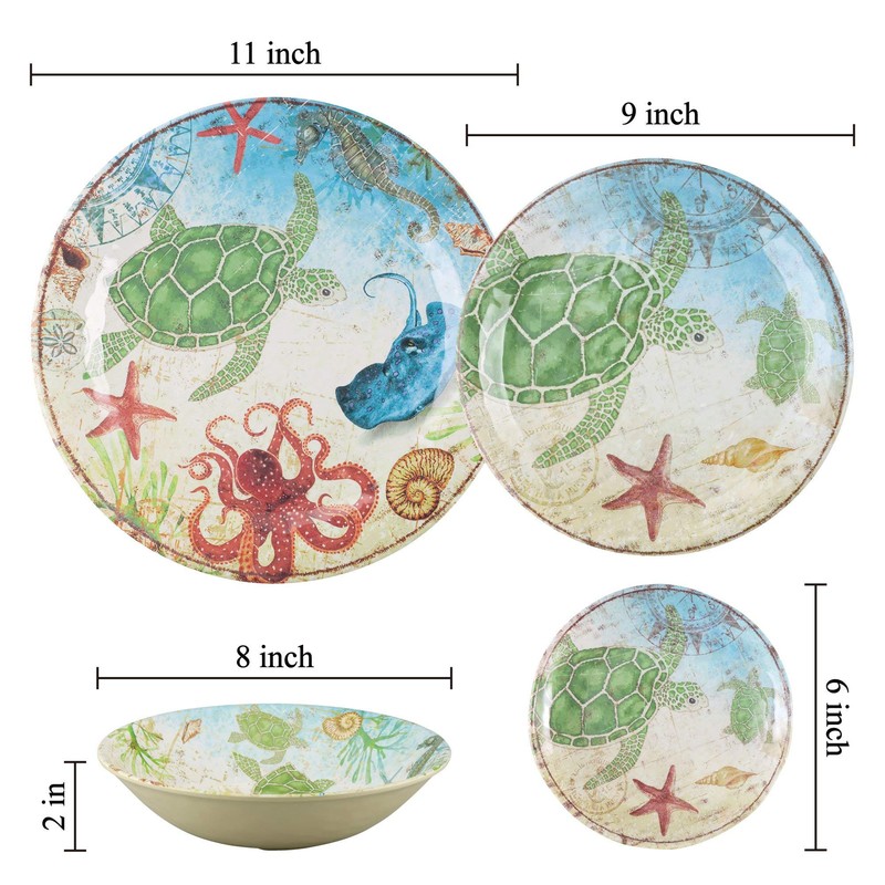 UPware 16 Piece Sea Turtle Melamine Dinnerware Sets, Outdoor Dishes