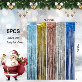 5 Pack Light Blue Foil Curtain Backdrop Metallic Tinsel Foil Fringe Curtains Photo Booth Props for Birthday Wedding Engagement Bachelorette Christmas Holiday Celebration Party Decorations Supplies