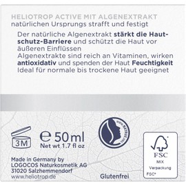 Heliotrop Face Cream for Normal to Dry Skin, 24h Moisture, Facial Care with Hyaluronic Acid and Algae Extract, Active 24h Cream, 50 ml