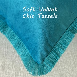 FUTEI Teal Boho Throw Pillow Covers with Tassels 18x18 Inch Set of 2,Soft Velvet Decorative Cushion Case,Home Decor for Couch Bed Living Room
