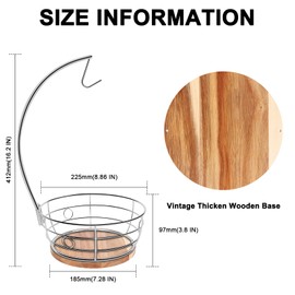 Livabber Countertop Fruit Basket Bowl with Banana Hanger, Modern Standing Fruit Vegetable Bowl Storage, with Banana Tree Holder for Kitchen Dinning Table (Round Wood, Chrome)