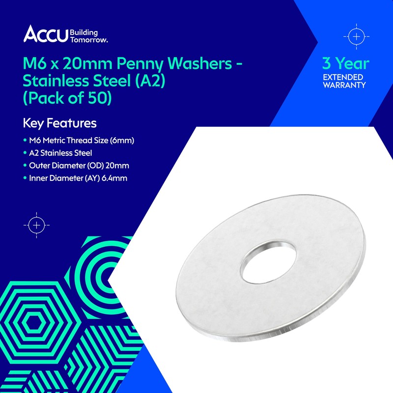 Accu - M6 x 20mm Penny Washers - Stainless Steel