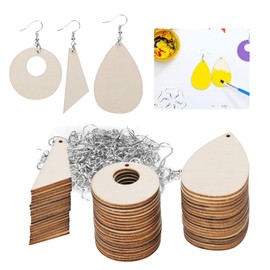 Wooden Earrings 60Pcs Unfinished Blank Teardrop Wooden Earrings Pendants Statement Dangle Earrings with 60Pcs Hooks Rings for DIY Craft Jewelry Making, Christmas Tree Decoration