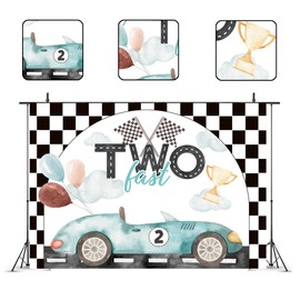 Glawry Two Fast 2nd Birthday Backdrop for Photography 7Wx5H Feet Boys Kids Racing Car Watercolor Teal Green Balloons Black White Flag Grid Party Decorations Photoshoot Background Photo Booth Studio
