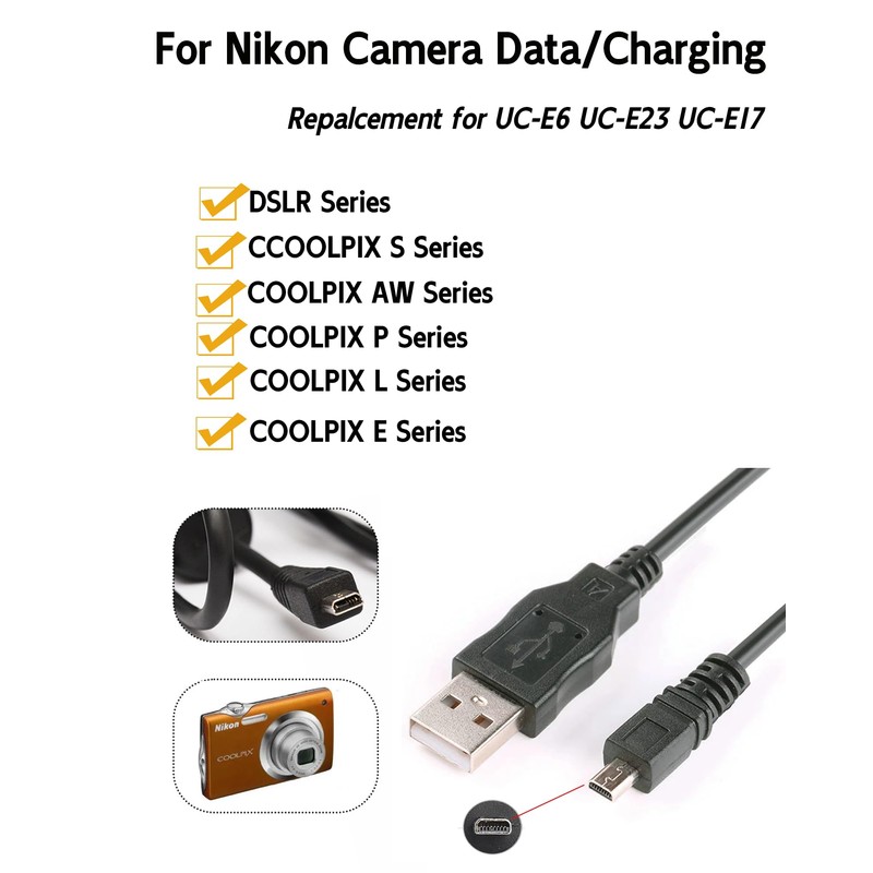 3.3Ft USB Cable for Nikon Coolpix Charger UC-E6 UC-E16 UC-E23