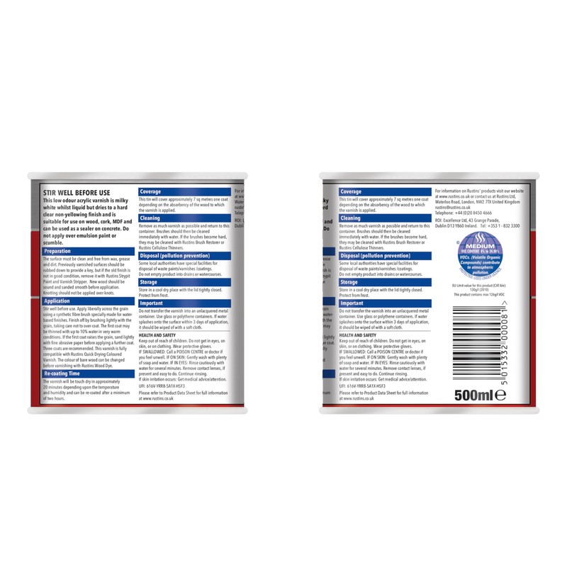 Rustins AVGC500 500ml Quick Dry Varnish - Gloss Clear
