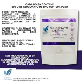 Gluconato de Zinc 100 Puro 500 g