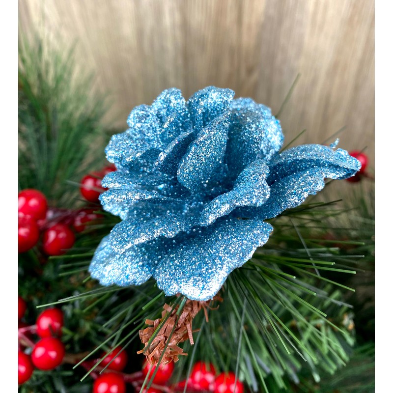 9 x Glitter Encrusted Ice Blue Flower 3D Clip On