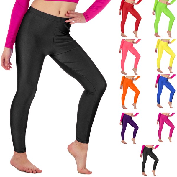 Re Tech UK Gymnastic/Dance Leggings - For Girls - Lycra/Elastic - No Underfoot - Glossy/Neon, Black