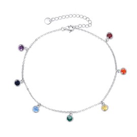 AXELUNA 7 Chakra Ankle Bracelet Sterling Silver Round Zirconia Beach Anklet Bracelet Link Hot Wife Ankle Bracelet Birthday Christmas Gifts for Women Wife Girlfriend