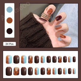 Press on Nails Short Square False Nails Orange Coffee French Designs Fake Nails Acrylic Full Cover Artificial Glue on Nails for Women Girls 24 Pcs PD-71