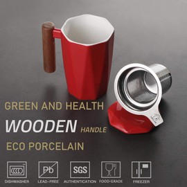 Sweejar Porcelain Tea Mug with Infuser and Lid, Wooden Handle, 17 Ounce, Geometric Shape Tea Cup for Steeping, Tea Lover, Gift, Home, Office (Red)