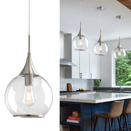 HAHZT Pendant Lights Kitchen Island: Brushed Nickel Light Fixture Farmhouse with Clear Glass - 10 Inch Mid Century Globe Kitchen Lighting Fixtures Ceiling for Hallway