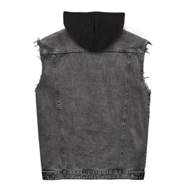 RongYue Men's Denim Vest Casual Button Stretchy Distressed Jean Sleeveless Jacket with Hood (Grey,Large)