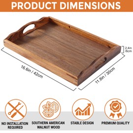 MOOKOMI Nature Walnut Wooden Serving Tray with Handles, Solid Wood Food Tray for Coffee, Breakfast, Dinner, Ottoman,16.6x11.8x2.4 inches