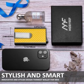 MOSIYEEF Slim Leather Card Holder RFID Wallet for Men - Minimalist Pop Up Men Wallet with Money Clip-wrapped Compact Carbon Fiber Wallet for 6 Credit Cards - Gifts for Him, Amber Yellow