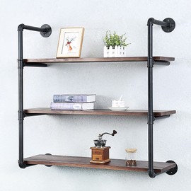 Industrial Pipe Shelving Wall Mounted,36in Rustic Metal Floating Shelves,Steampunk Real Wood Book Shelves,Wall Shelf Unit Bookshelf Hanging Wall Shelves,Farmhouse Kitchen Bar Shelving(3 Tier)