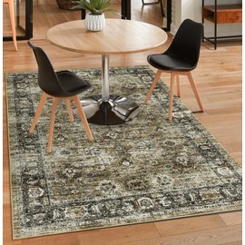 CAREMEE Washable Rug 5x7 Area Rugs for Living Room Bedroom Vintage Non-Slip Print Distressed Thin Throw Rugs with Rubber Stain Resistant Low Pile Carpet for Kitchen Dining Room Foyer, Olive/Charcoal