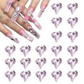 MECCANIXITY 20 Pcs 3D Heart Nail Charm Crystals Nail Gems 8x9mm Crooked Heart-Shape Art Rhinestone Charm for Valentine's Day DIY Decoration, Light Pink