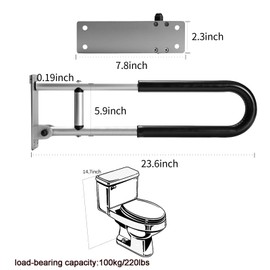 DITOSH 24 Inch Toilet Grab Bar Flip Up Aluminum Alloy Grab Bar Load Capacity of 100 kg 220 lbs Handicap Rails Grab Bars Toilet Rail Bathroom U Shaped and Wall Mount Safety for Patients-Black with Foam