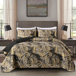 DJY Black Paisley Quilt Set Full Size Black Gold Boho Bedspread Coverlet Set 3 Pieces, Soft Lightweight Microfiber Paisley Floral Summer Quilt Bedding Set for All Season, 80"x90"