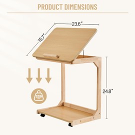 Uniclinens Adjustable C Table with Wheels, Solid Wood C Shape End Table for Couch Living Room, C Shaped Bedside Night Table Nightstand with Lockable Casters Bedroom, Natural