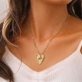 UniLogue INS Premium Easy-matching Stainless Steel Gold Vintage Round Coin Cross Arrow Compass Moon Star Necklace Chain Hollow Heart Knocking Hammer Pattern Necklace Eyelash Eye Short Neckchain Life Tree Cherry Enamel Necklace (Heart)