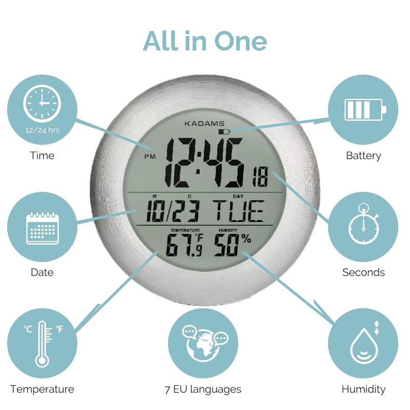 KADAMS Bathroom Shower Digital Wall Clock 9.5'' Kitchen Clock Calendar