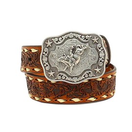 Nocona Boots Boys' 1-1/4" Bull Rider Floral Embossed Leather Western Belt Buckle, Tan, 18