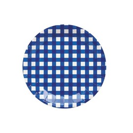 7 1/4" Blue Gingham Round Disposable Paper Dessert Plates - 8 Count