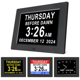 Johnziny 8 Inch Digital Day Calendar Clock, Dementia Clock for Seniors,Large Display Digital Clock with Date and Day for Elderly,12 Alarm Options and 8 Labels, with Auto-Dimming, Play Video (Black)