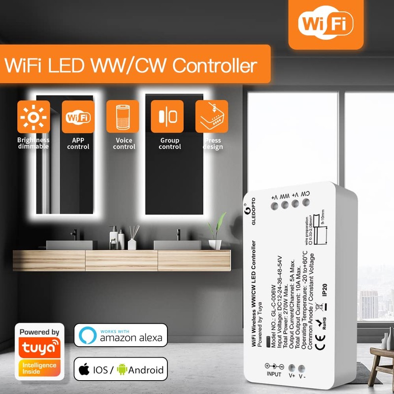 GLEDOPTO WiFi Controller LED Strip WW/CW DC12-24-54V Light Strip Controller