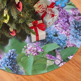 Spring Summer Christmas Tree Skirt for Xmas Holiday Party Supplies Large Tree Mat Decor, Butterfly Purple Flowers Ornaments 30"