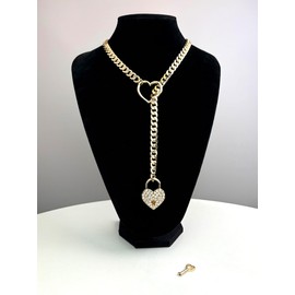 paloli Womens Slip Chain Necklace Heart O-Ring, Punk Rock Cuban Long Necklace Jewelry For Women, Adjustable Lariat Y-Necklace Heart Locker With Key (Crystal Gold Padlock, 24'')