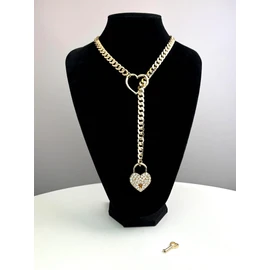 paloli Womens Slip Chain Necklace Heart O-Ring, Punk Rock Cuban Long Necklace Jewelry For Women, Adjustable Lariat Y-Necklace Heart Locker With Key (Crystal Gold Padlock, 24'')