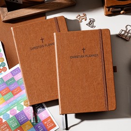 2025 Christian Planner - Daily Bible Planner 2025, 5.7" x 8.4", JAN. 2025 - DEC. 2025, 2025 Weekly & Monthly Planner with Stickers, Pen Holder, Back Pocket, Elastic Closure, Hardcover - Brown