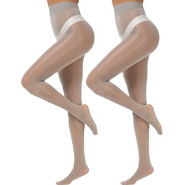 MANZI Shiny Pantyhose for Women 2 Pairs Shimmer Sheer Tights Ultra Silky Grey Small-Medium