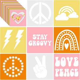 Henoyso 24 Pcs Boho Groovy Peace Stencil Set 8 x 8 Inch Plastic Drawing Painting Stencil Templates Stencil Assorted Stencils Reusable for Kids Painting on Wood Paper Scrapbook Wedding DIY Art Crafts