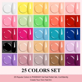 Phoenixy 30 PCS Gel Nail Polish, Gel Nail Polish Set 25 Colors with 5 PCS Base Coat Glossy Matte and Glitter Top Coat Pink Red Green Starter Christmas Gift for Women - PCB9041