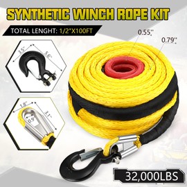 Marsui 1/2" x 100 ft Synthetic Winch Rope Cable Kit, 32000lbs Winch Line with Protective Sleeve Forged Hook Replacement Safety Pull Strap for 4WD Vehicle Truck ATV UTV SUV, Yellow