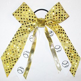 Softball, Baseball Soft Touch Sequin Hair Bow, Made in the USA, White Pony Band, (Metallic Gold)