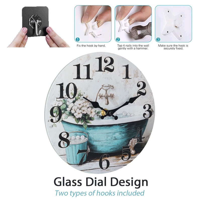 Bathroom Wall Clock,Rustic Style Waterproof Glass Shower Clock Wall Clock