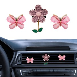 HQRNYP 3PCS Bling Car Air Vent Clips, Flower Air Freshener Car Clips, Butterfly Flower Rhinestone Vehicle Conditioning Outlet Clamps, Auto Decoration Charm Diffuser Clamp for Women Girls (Pink)