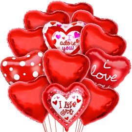 Heart Foil Balloons, Red, Pack of 12 Red Heart-Shaped Foil Balloons, Heart Helium Balloons, XXL Helium Balloons, Wedding Balloons for Romantic Atmosphere, Marriage Proposal, Valentine's Day Decoration