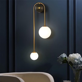 NIUYAO Wall Sconce Brass Arc Wall Lamp Postmodern 2-Head with Ball Opal Glass Shade Metal Sconce Light for Bedroom Living Room